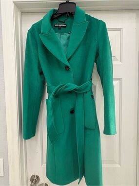 Karl Lagerfeld Emerald Green Belted Wool-Blend Trench Coat